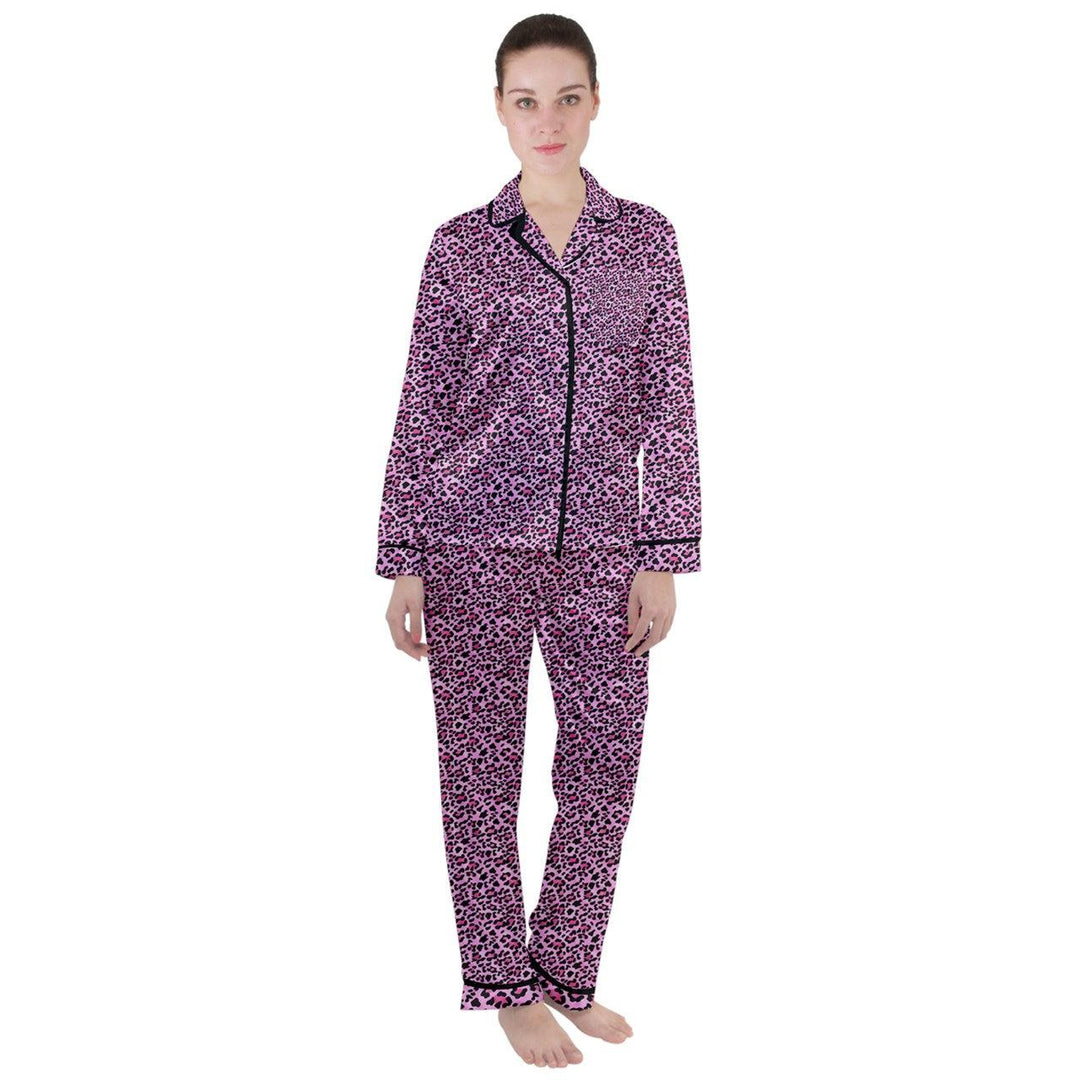 Pink Leopard Long Sleeve Satin Pyjamas Set