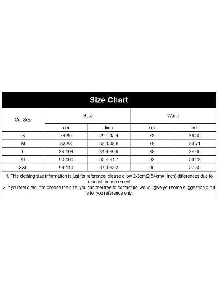 Size chart for clothing with measurements in cm and inches for various sizes: S, M, L, XL, XXL.