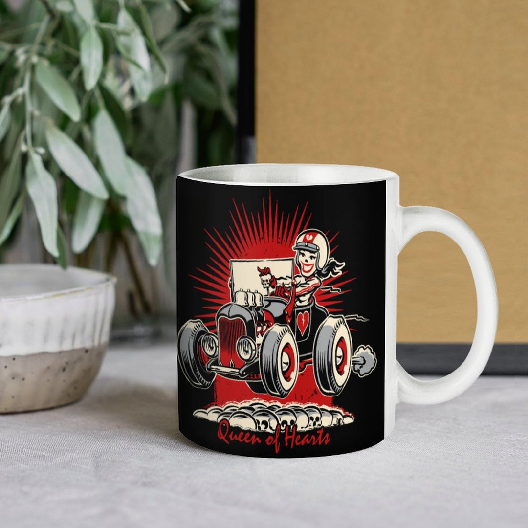 Queen of Hearts retro coffee mug featuring a vintage hot rod design, perfect for stylish coffee or tea enjoyment.