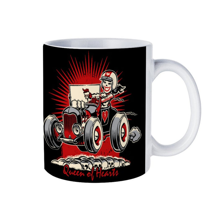 Queen of Hearts ceramic mug featuring a retro design with a character driving a car, perfect for coffee lovers.