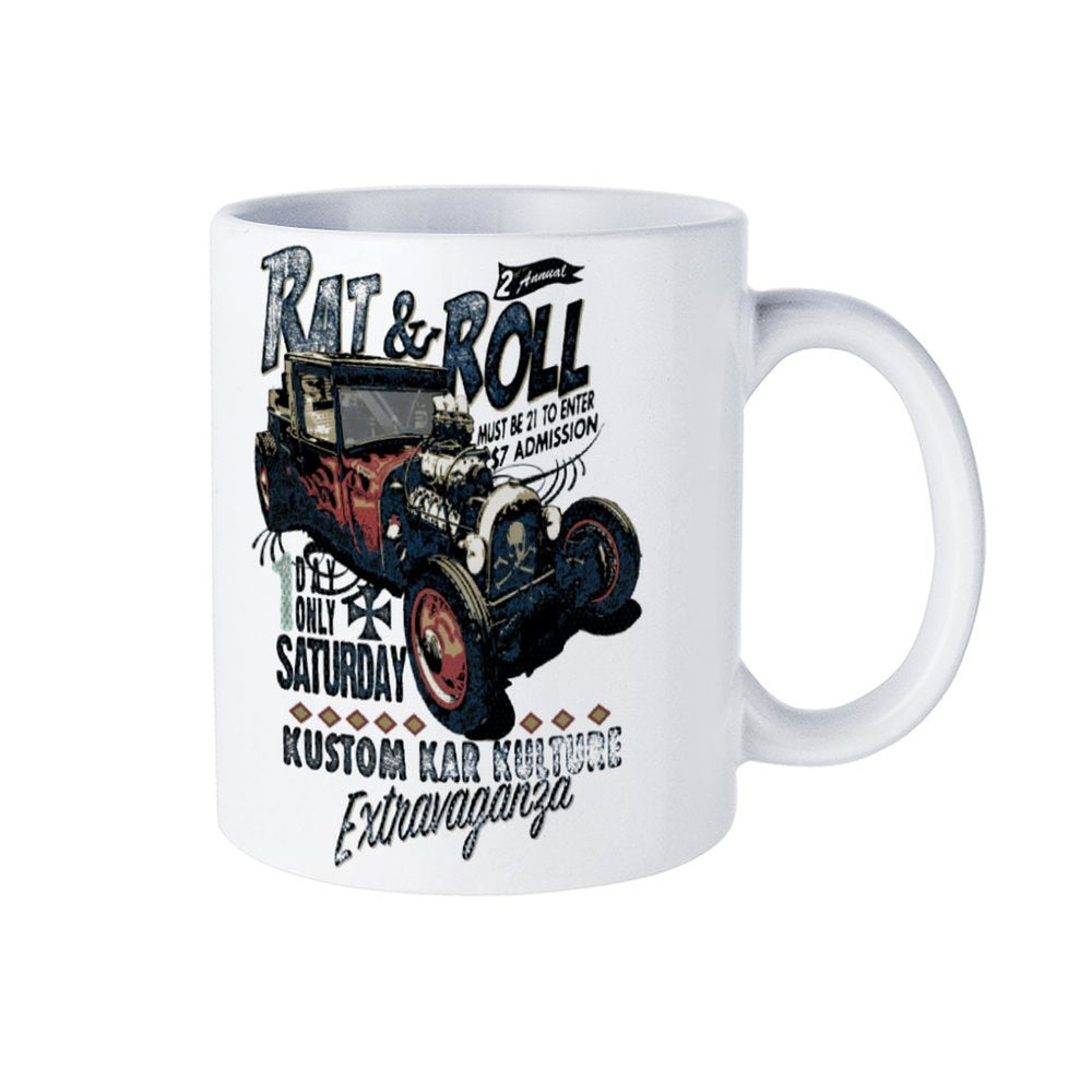 Rat & Roll white ceramic mug featuring a custom car design, perfect for coffee or tea lovers.