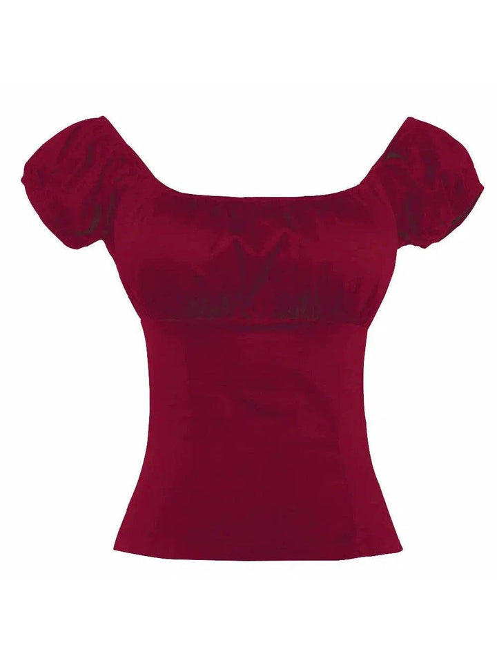 Burgundy peasant style top featuring a flattering ruched design and puff sleeves, perfect for elegant occasions.