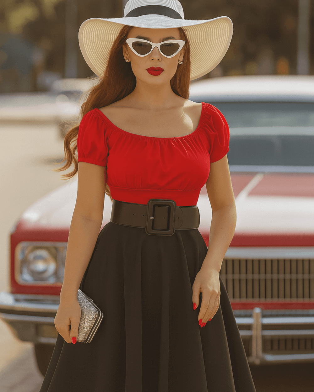 Stylish woman in red peasant style top and black skirt, wearing sunglasses and a wide-brim hat, with classic car backdrop.