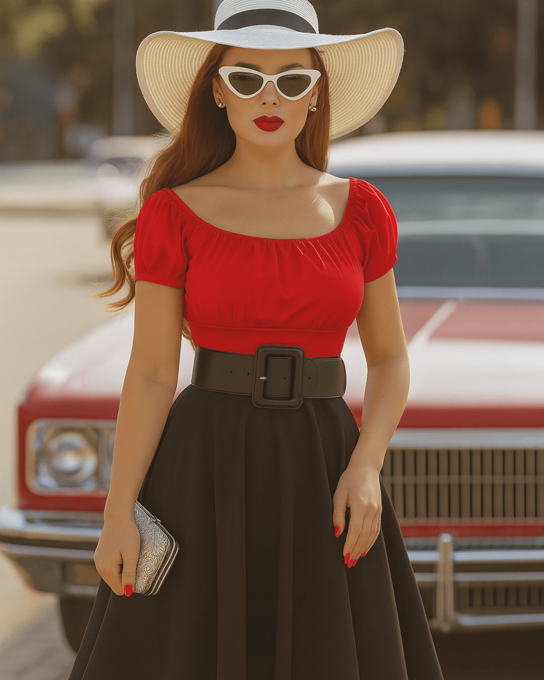 Stylish woman in red peasant style top and black skirt, wearing sunglasses and a wide-brim hat, with classic car backdrop.