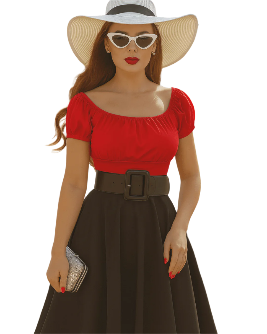 Woman wearing a red top and brown skirt with a wide-brimmed hat on a white background