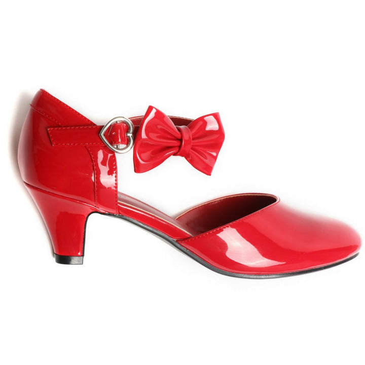 SugarPOP RedRum - stylish red kitten heels with adjustable heart buckle and removable bow, perfect Mary Jane shoes.