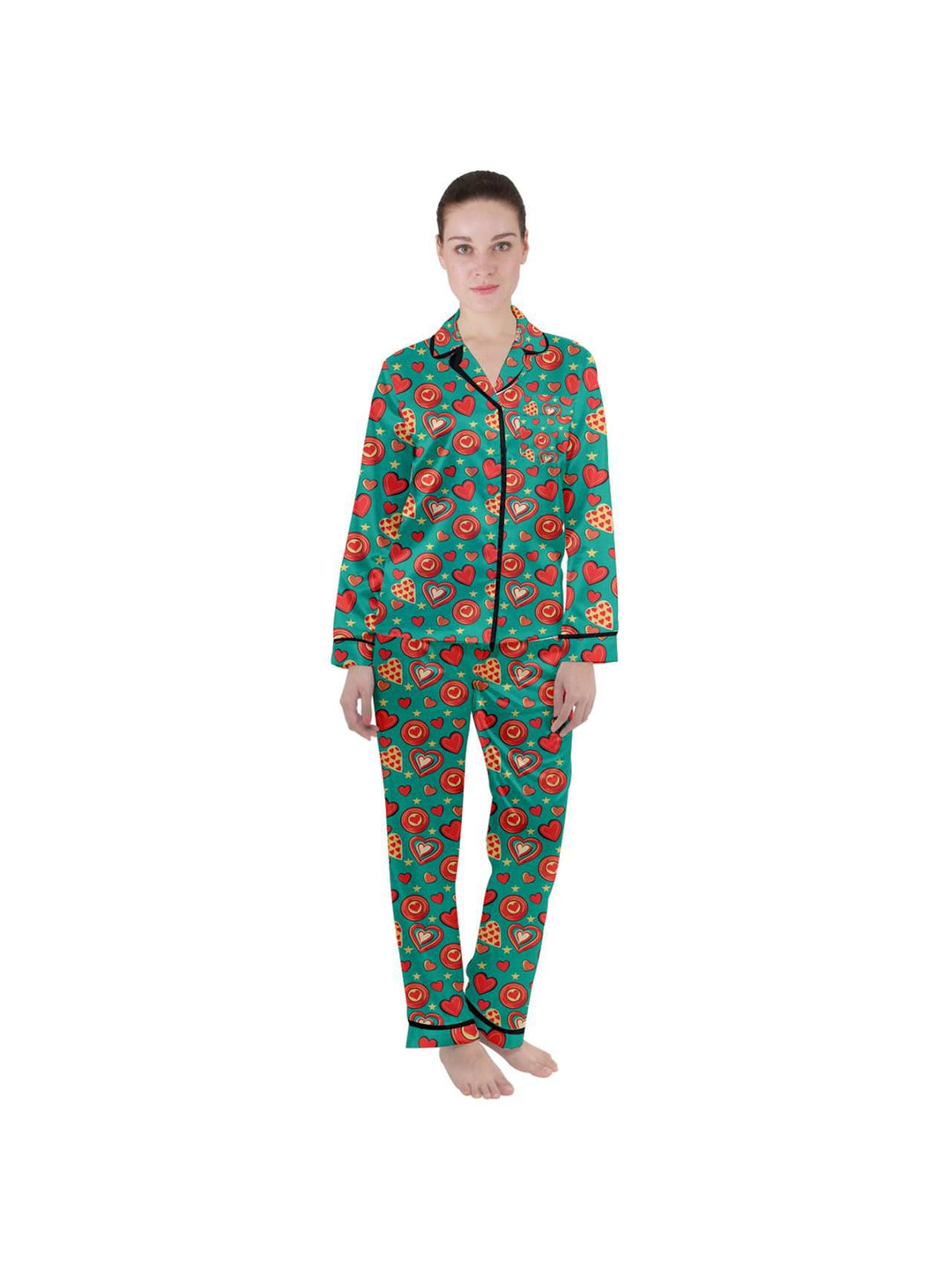 Retro Hearts Women's Long Sleeve Satin Pyjamas Set