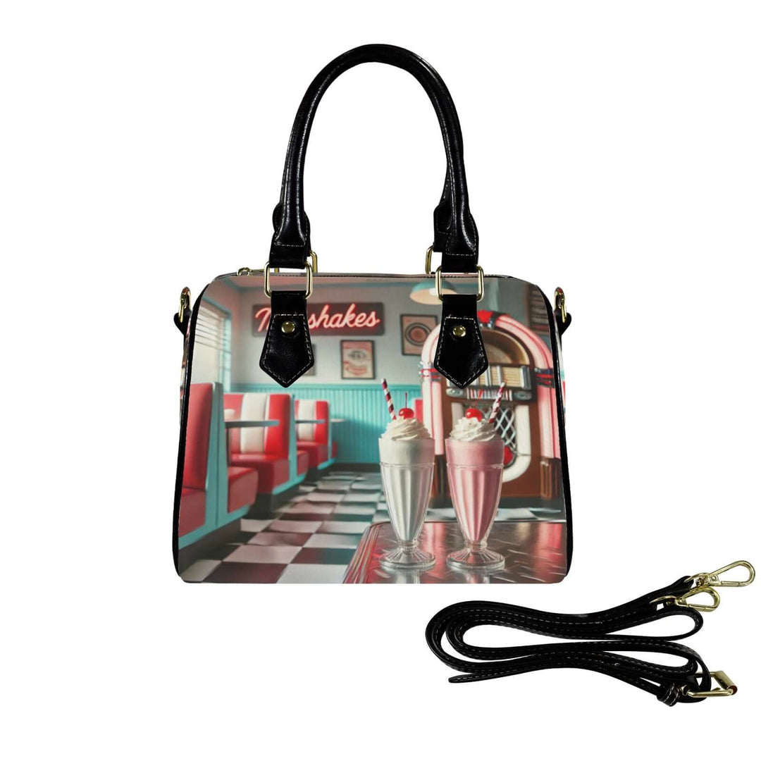 Milkshake Handbag featuring a retro diner print with milkshakes and jukebox, perfect for vintage style lovers.