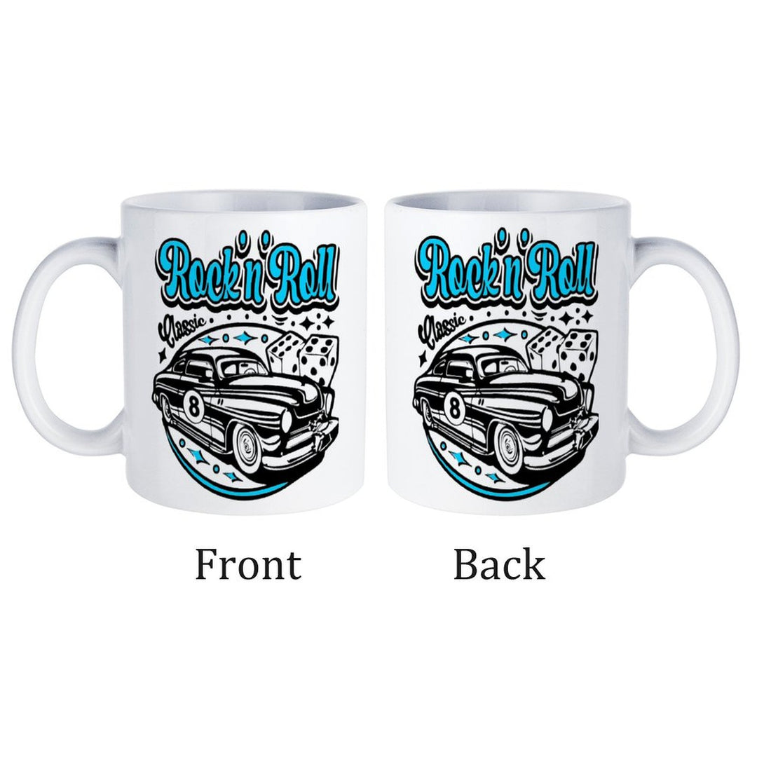 Rock n Roll Classic White Mug featuring vintage car design, showcasing both front and back views.
