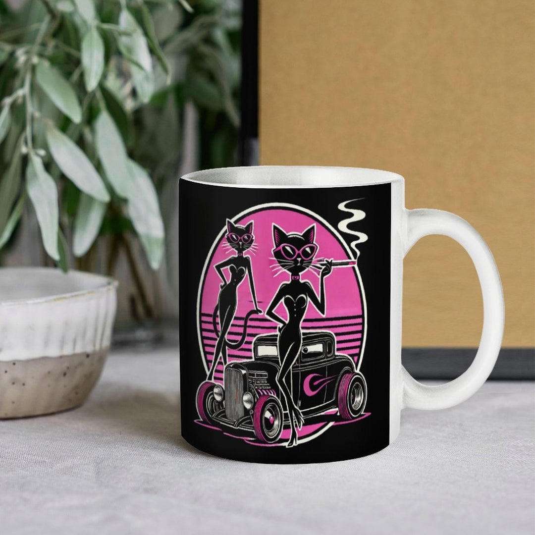 Slay All Day, Bite All Night white retro coffee mug featuring two stylish cats by a classic car design.