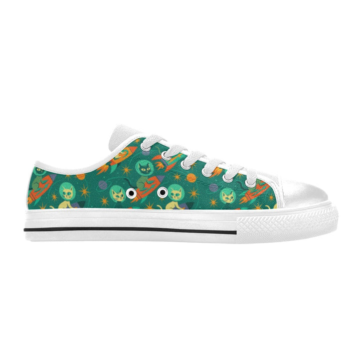 Rocket Cats Kids Sneakers with retro space cats design on a vibrant green canvas.