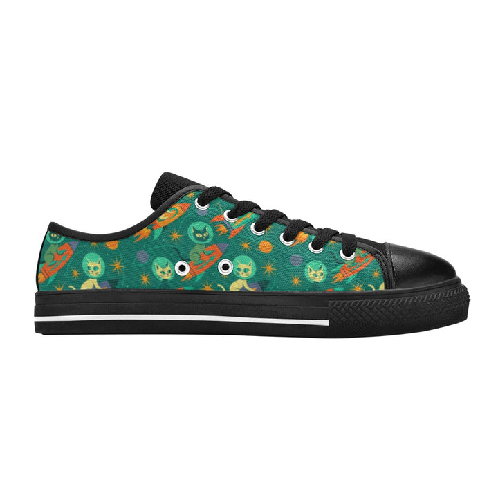 Rocket Cats Kids Sneakers(B) featuring retro space cats and rocket ships on a colorful canvas design.