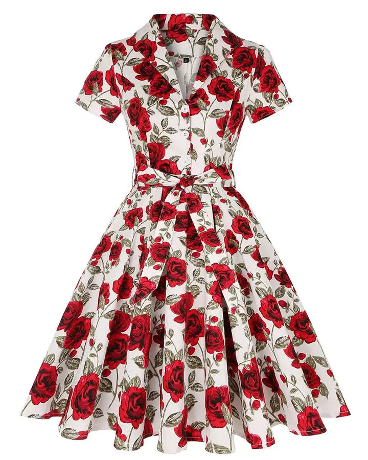 Rose Romance Vintage Swing Dress featuring red floral print, short sleeves, and flared skirt for elegant party attire.