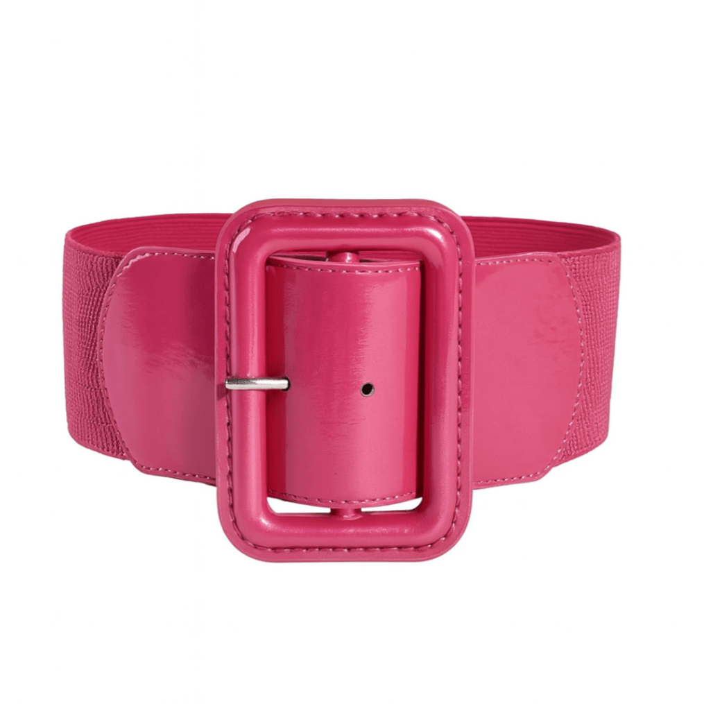 Bold pink Patent Elastic Retro Belt with oversized buckle for a stylish vintage look.