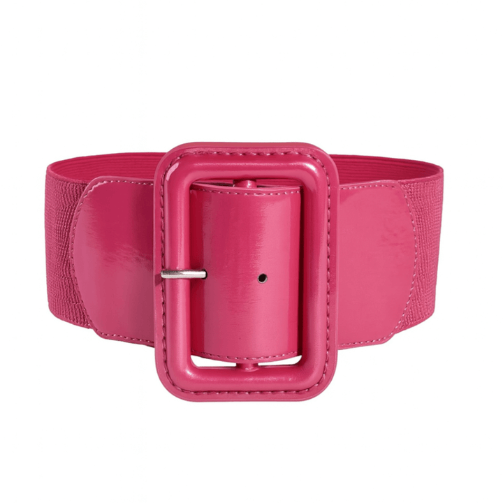 Bold pink Patent Elastic Retro Belt with oversized buckle for a stylish vintage look.