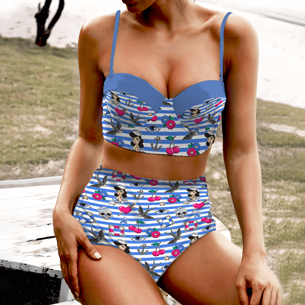 Sailor Gal High Waist Retro Bikini with nautical print, featuring underwire support and stylish vintage design.