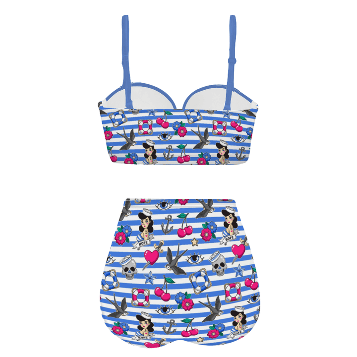 Sailor Gal High Waist Retro Bikini featuring a nautical print with vintage-inspired designs and underwire support.