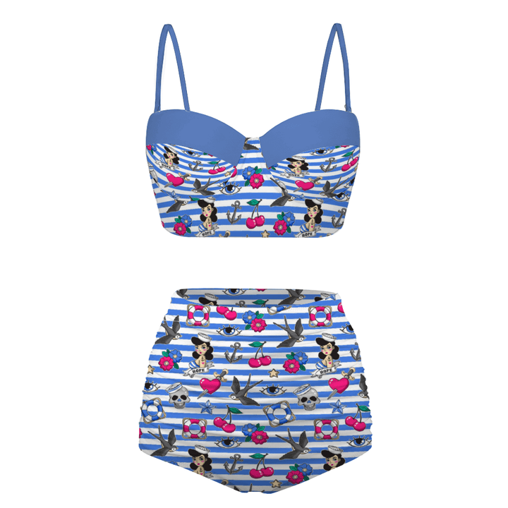 Sailor Gal high waist retro bikini, featuring colorful nautical print with underwire support and flattering design.