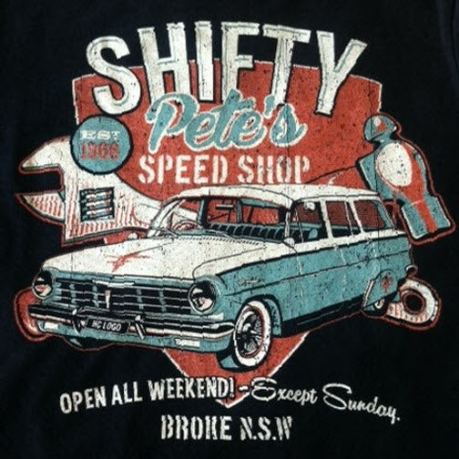 Shifty Pete's Garage vintage t-shirt design featuring a classic car and retro graphics, printed in Australia.