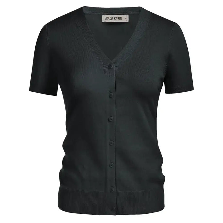 Short sleeve V-neck button-up cardigan in dark green, lightweight and stylish for warm weather layering.