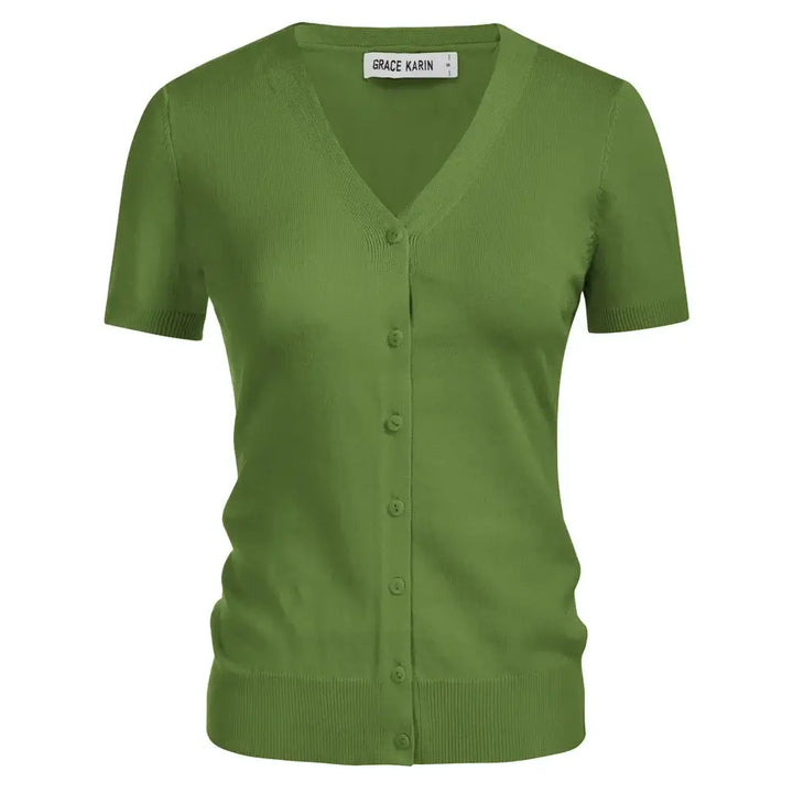 Short sleeve V-neck button-up cardigan in green, made from soft knit blend, perfect for layering in warmer months.