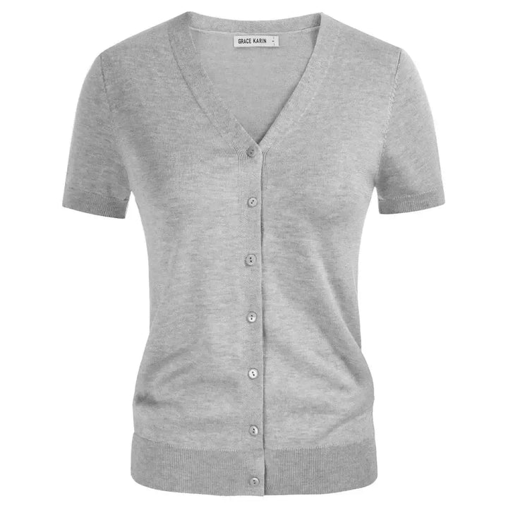Light gray short sleeve V-neck button-up cardigan, perfect for layering in warmer months.