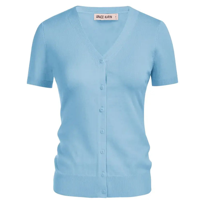 Light blue short sleeve V-neck button-up cardigan, perfect for layering in warm weather.