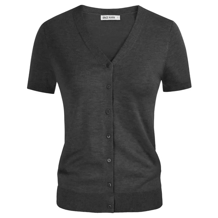 Short sleeve V-neck button-up cardigan in charcoal, made from soft breathable knit fabric for effortless layering.