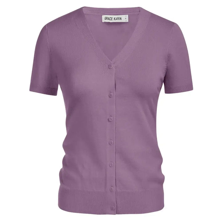 Short Sleeve V-Neck Button Up Cardigan in lavender, featuring a flattering fit and classic button-up design.
