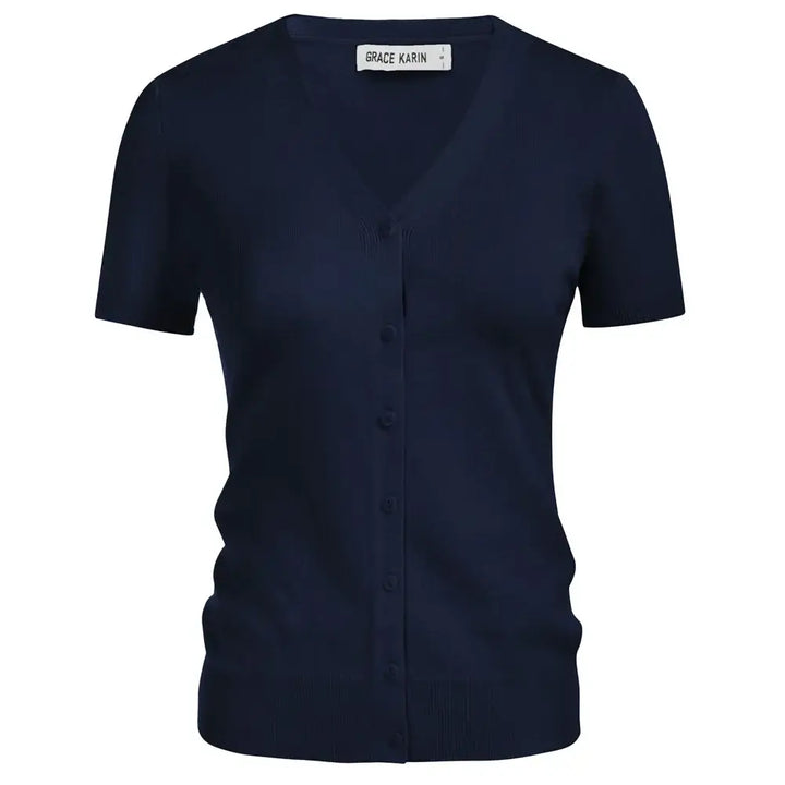 Short sleeve V-neck button-up cardigan in navy, made from a soft knit blend, perfect for layering.