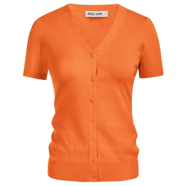 Short sleeve orange V-neck button-up cardigan, perfect for layering and casual wear in warmer months.