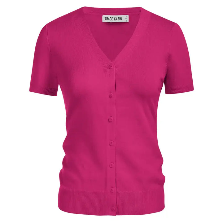 Short sleeve V-neck button-up cardigan in vibrant pink, perfect for layering and adding polish to any outfit.