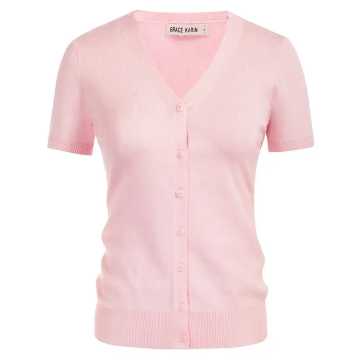 Short sleeve v-neck button-up cardigan in soft pink, perfect for layering, with button detail and slim fit.