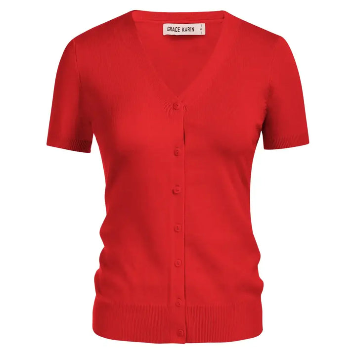 Red short sleeve V-neck button-up cardigan, perfect for layering in warmer weather.