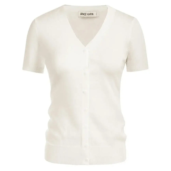 Short sleeve v-neck button-up cardigan in white, featuring a classic design and medium-stretch fabric for a flattering fit.