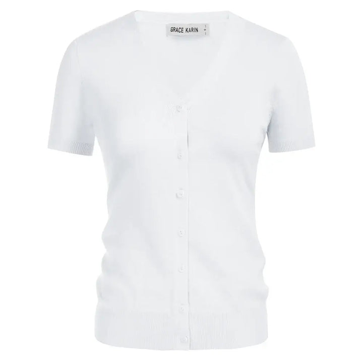 Short Sleeve V-Neck Button-Up Cardigan in light blue, featuring a slim fit, button front, and soft knit fabric.