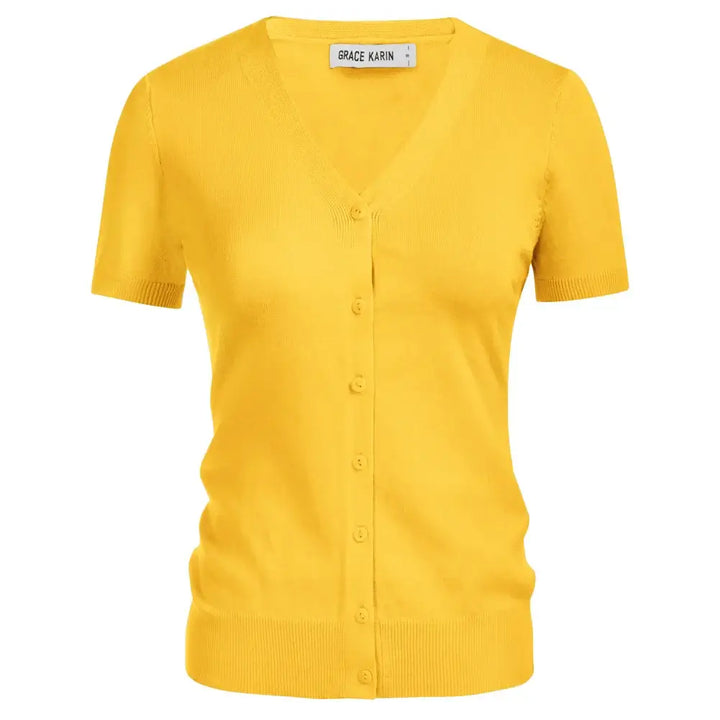 Yellow short sleeve V-neck button-up cardigan, ideal for layering and versatile styling options.