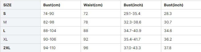 Size chart for women's white peasant style top displaying bust and waist measurements in cm and inches.