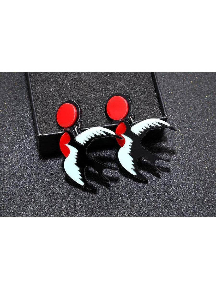 SWALLOWS Acrylic drop earrings with red and black design, zinc alloy stud posts, perfect for pinup style outfits.