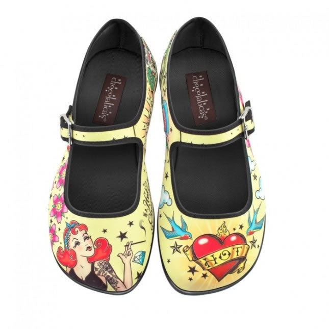 Hot Chocolate Design Tattoo Mary Jane shoes with vibrant tattoo-inspired art on a classic canvas upper.
