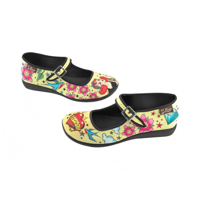 Hot Chocolate Design Tattoo Mary Jane shoes with bold tattoo artwork on a classic canvas upper.