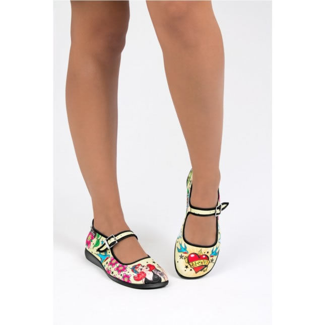 Hot Chocolate Design Tattoo Mary Jane shoes showcasing quirky tattoo art, perfect for retro style lovers.