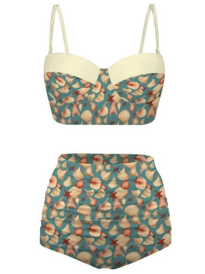 Vintage Seashells High Waist Retro Bikini - Poison Arrow Retro
