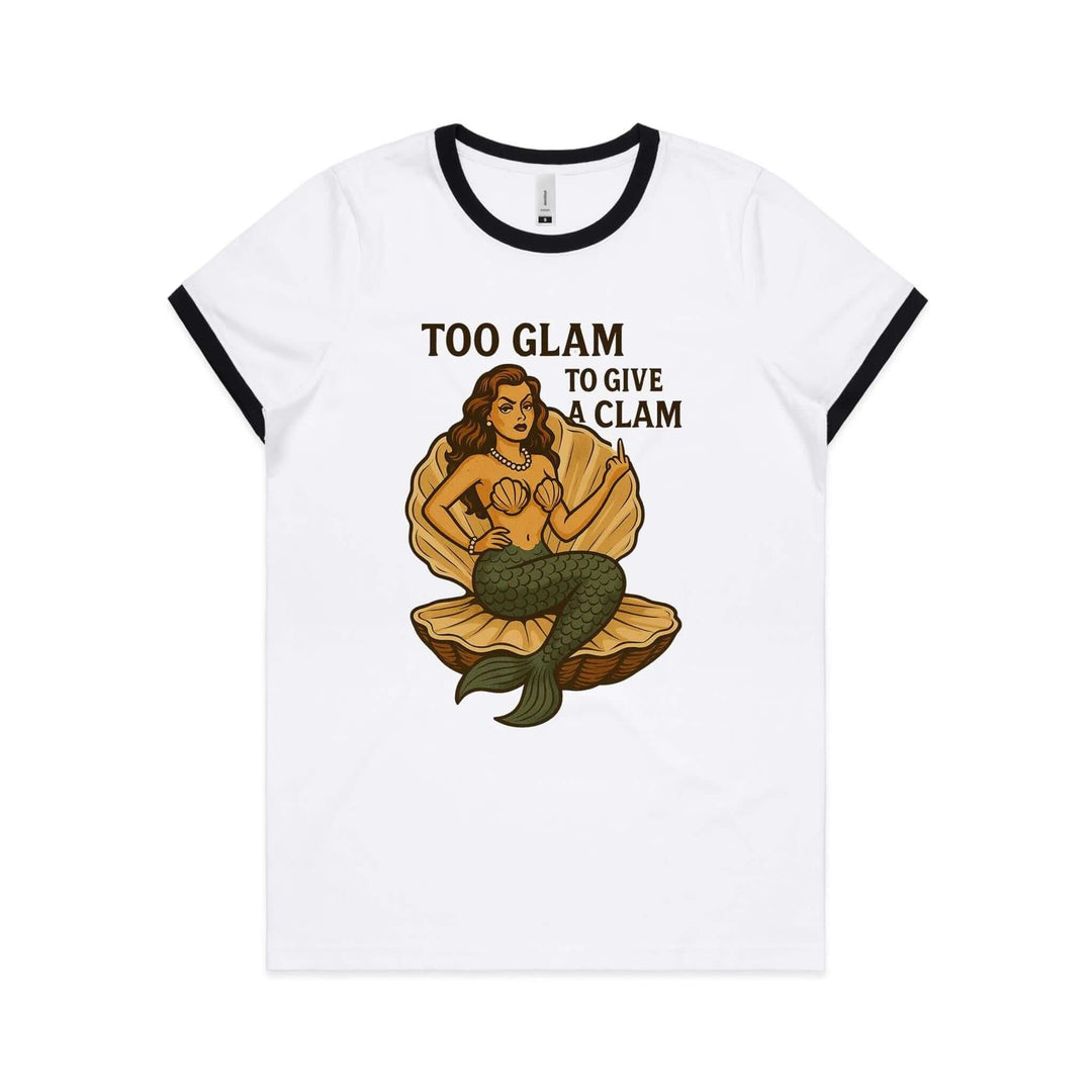 Too Glam to Give a Clam women's ringer tee featuring a glamorous mermaid on a clam shell design.