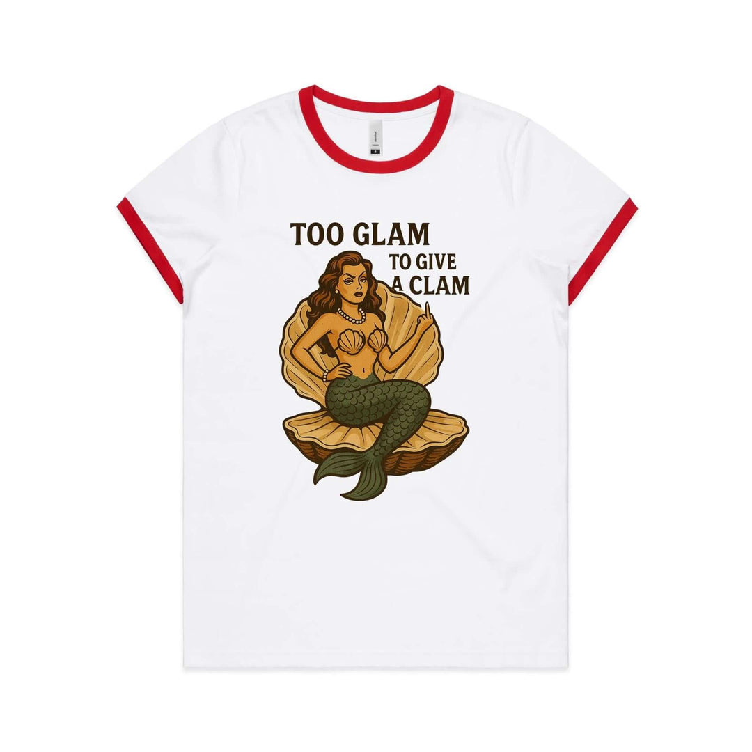 Too Glam to Give a Clam Women's Ringer Tee featuring a glamorous mermaid in a clam shell, vintage style, and soft cotton.