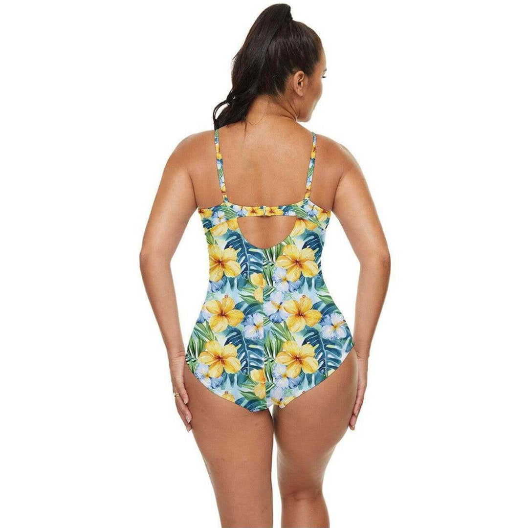 Back view of Tropical Hibiscus Full Coverage Swimsuit with floral print, showcasing retro style and comfort.