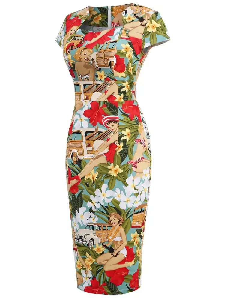 Tropical Pinups Pencil Dress featuring vibrant pin-up girls, tropical florals, and retro woodie wagons in a bodycon design.
