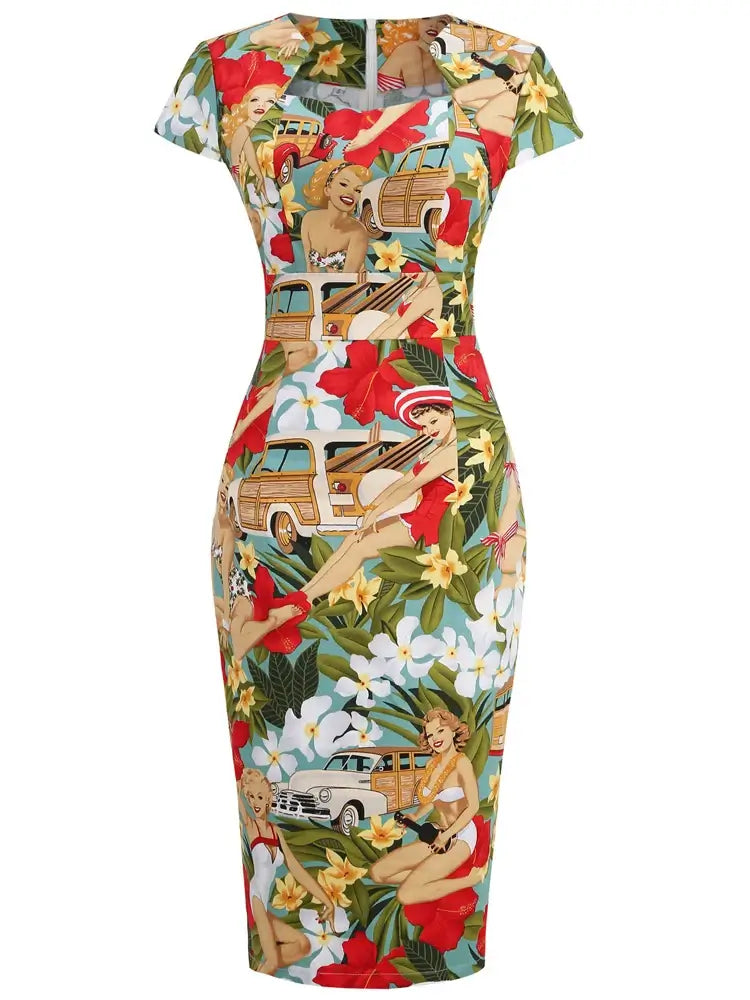 Tropical Pinups Pencil Dress featuring vintage-inspired print with pin-up girls, tropical florals, and retro woodie wagons.