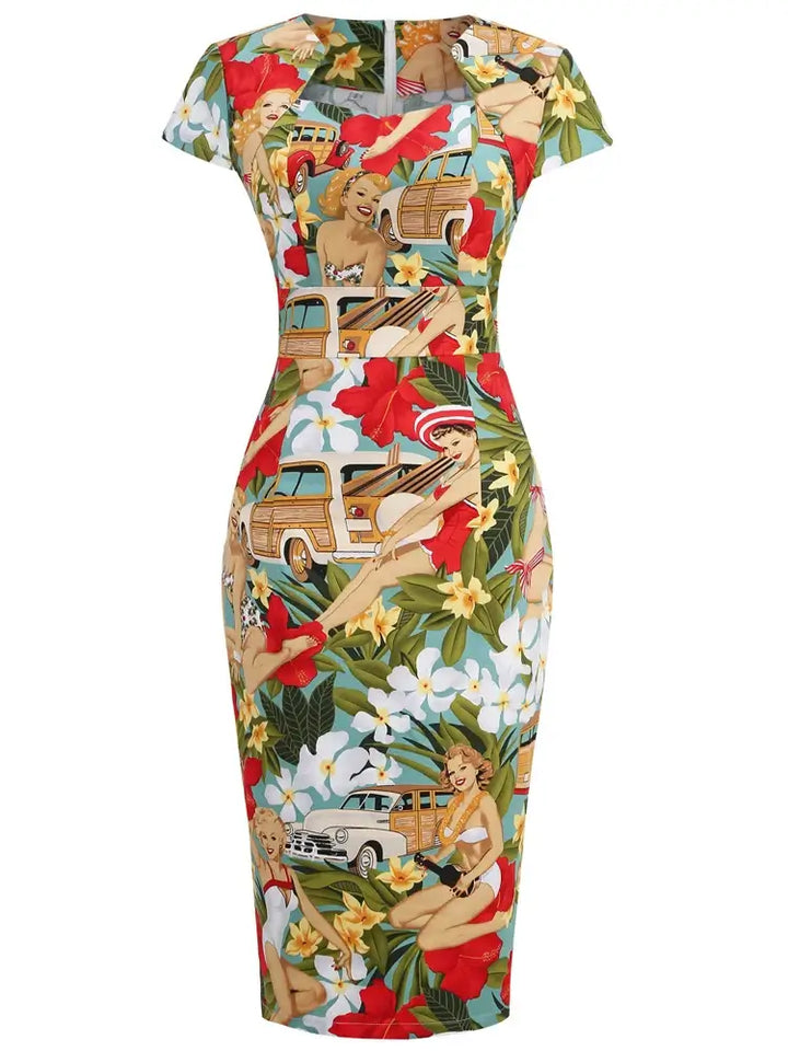 Tropical Pinups Pencil Dress featuring vintage-inspired print with pin-up girls, tropical florals, and retro woodie wagons.
