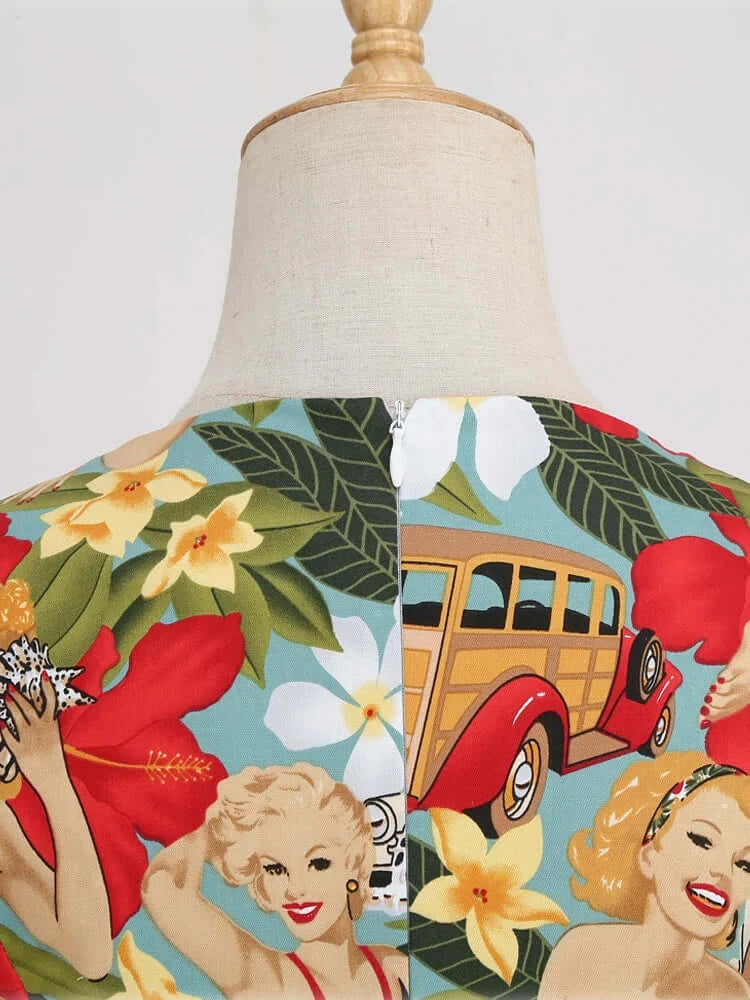 Back view of Tropical Pinups Pencil Dress featuring vintage pin-up girls and tropical floral print.